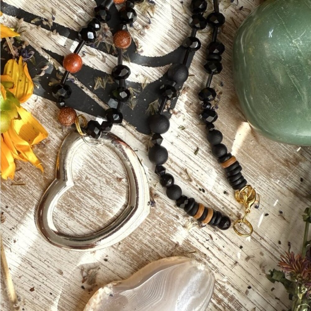 Fall Black crystal + Goldstone big silver heart Necklace